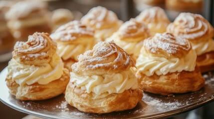 A close-up of colorful macarons stacked neatly on a white plate, with a blurred caf&eacute; background.