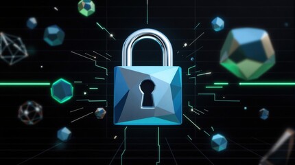 Futuristic low-poly padlock with neon green lines on dark background. Cybersecurity, data protection, and digital security concept