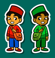 Sticker Illustration of a Muslim Boy Cartoon Character