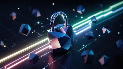 Futuristic low-poly padlock with neon green lines on dark background. Cybersecurity, data protection, and digital security concept