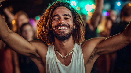 Obraz premium A group of friends dancing in a club, with a DJ in the background playing music, colorful strobe lights and a lively atmosphere