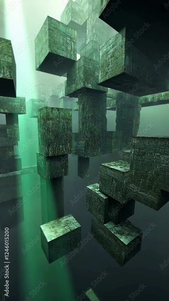 Poster floating geometric structures in a mystical underwater environment with green light