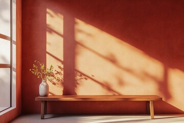 Minimalist Wooden Bench Against Warm Earthy Red Wall with Vase in Natural Sunlight