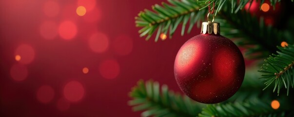 Obraz premium Glittery red bauble hanging from a Christmas tree branch, glitter, decorative items