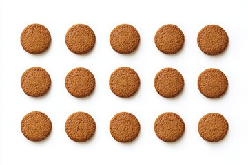 Symmetrical Arrangement of Brown Cookies on White Background for Baking or Culinary Presentation