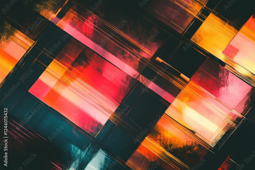 Poster abstract geometric design with vibrant red yellow and black grid pattern on dark background