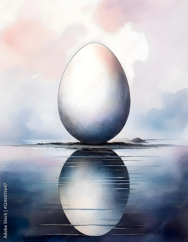 Aufkleber a smooth white sphere resting on a reflective surface with a soft pastel sky background. a minimalis