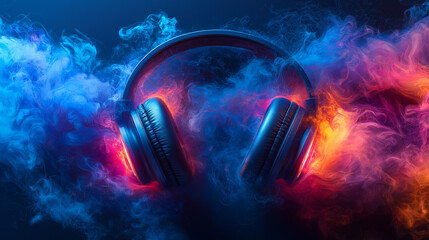 A vibrant and dynamic composition featuring oversized headphones at the center of a colorful explosion of neon smoke and light trails. The dark gradient background enhances the vivid colors and fluid 