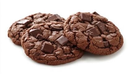 Three Chocolate Chip Cookies on White Background - Perfect for Baking Promotions, Recipe Blogs, and Dessert Inspiration.