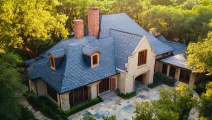 Aerial view Luxury home, slate roof, wooded setting, real estate