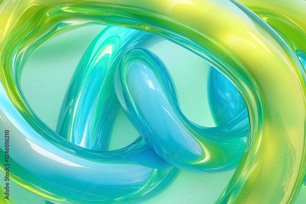 Poster abstract twisting blue and green loops with glossy reflections on light gradient background