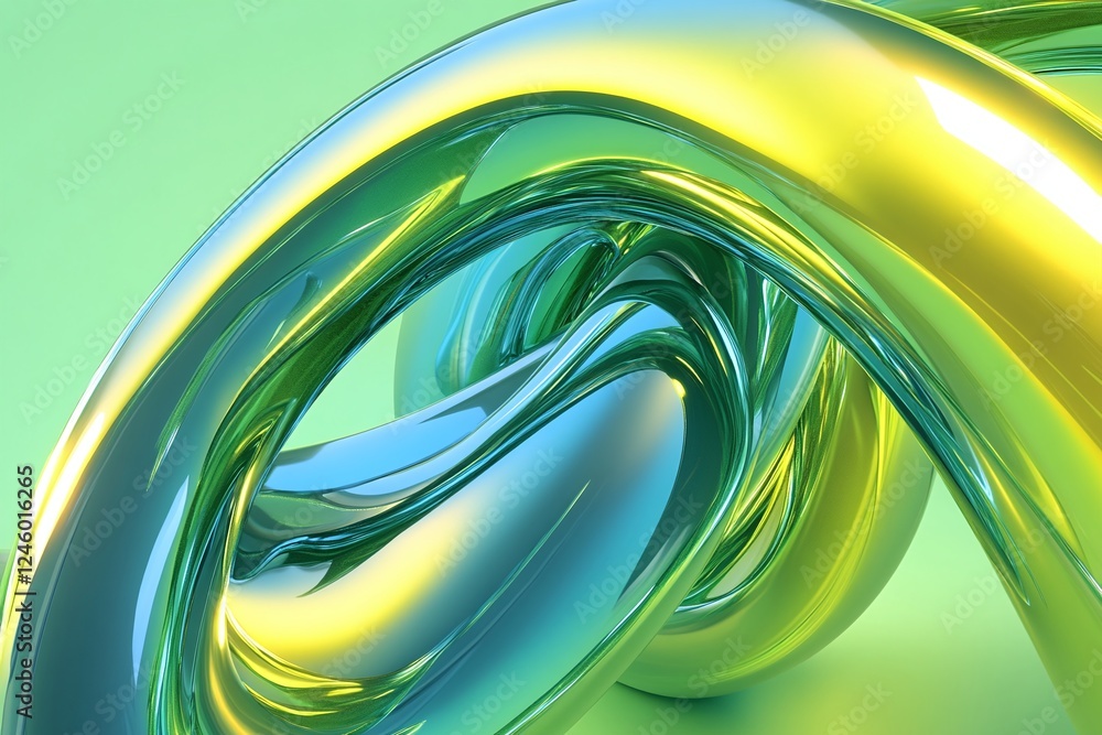 Poster abstract twisted metallic shapes in green and yellow gradient on soft green background