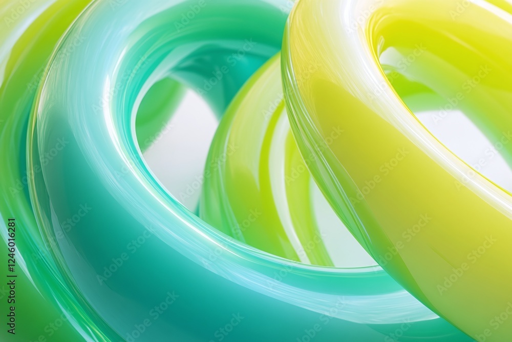 Poster glossy abstract green and yellow fluid shapes with soft lighting on a minimal background