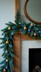Blue and gold garland wrapped around a wooden mantel, mantel, decoration, holiday