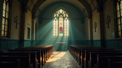 Obraz premium Serene Sanctuary Sunbeams Illuminate a Tranquil Church Interior Featuring Stained Glass and Wooden Pews