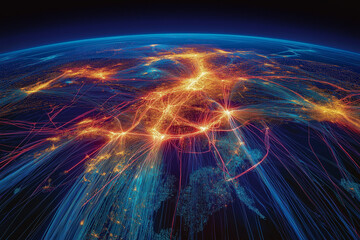 Intricate global value chains connecting manufacturers, suppliers, and distributors across borders - conceptual illustration of international trade and supply chains 