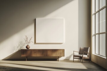 Minimalist room, blank canvas mockup, sunlight, wooden sideboard, armchair