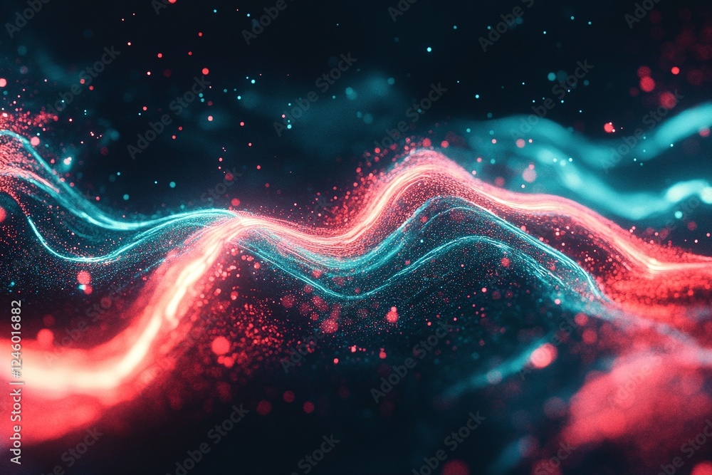 Poster abstract neon waveform patterns with glowing red and blue lights on a dark background