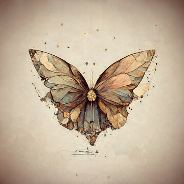 Watercolor Butterfly Illustration on Textured Beige Background &ndash; Earthy Tones. AI generated.