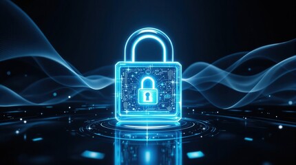 Futuristic glowing padlock on digital wave background. Perfect for technology, security, and data protection themes