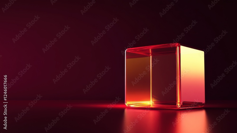 Poster glowing transparent cube with red and yellow illumination on dark background