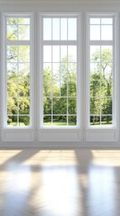 Spacious interior with a polished wooden floor and elegant walls, illuminated by natural light coming through large windows.