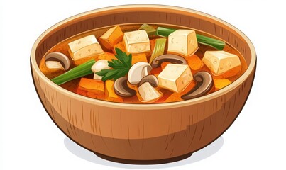 Vegetable Tofu Soup in Wooden Bowl - A heartwarming blend of tofu, fresh vegetables, and mushrooms simmered in a savory broth, ideal for comforting meals during chilly evenings.