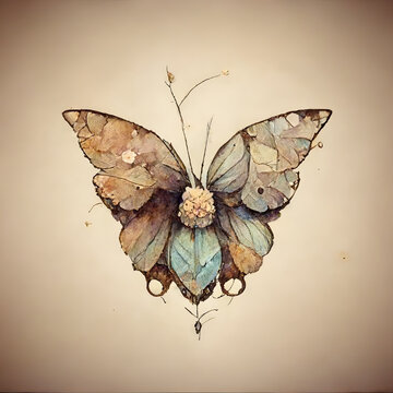 Watercolor Butterfly Illustration on Textured Beige Background &ndash; Earthy Tones. AI generated.