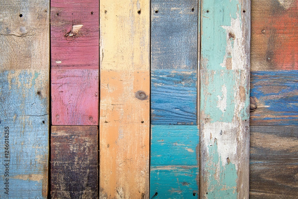 Poster weathered multicolored wooden planks background with rustic textured surface for creative projects