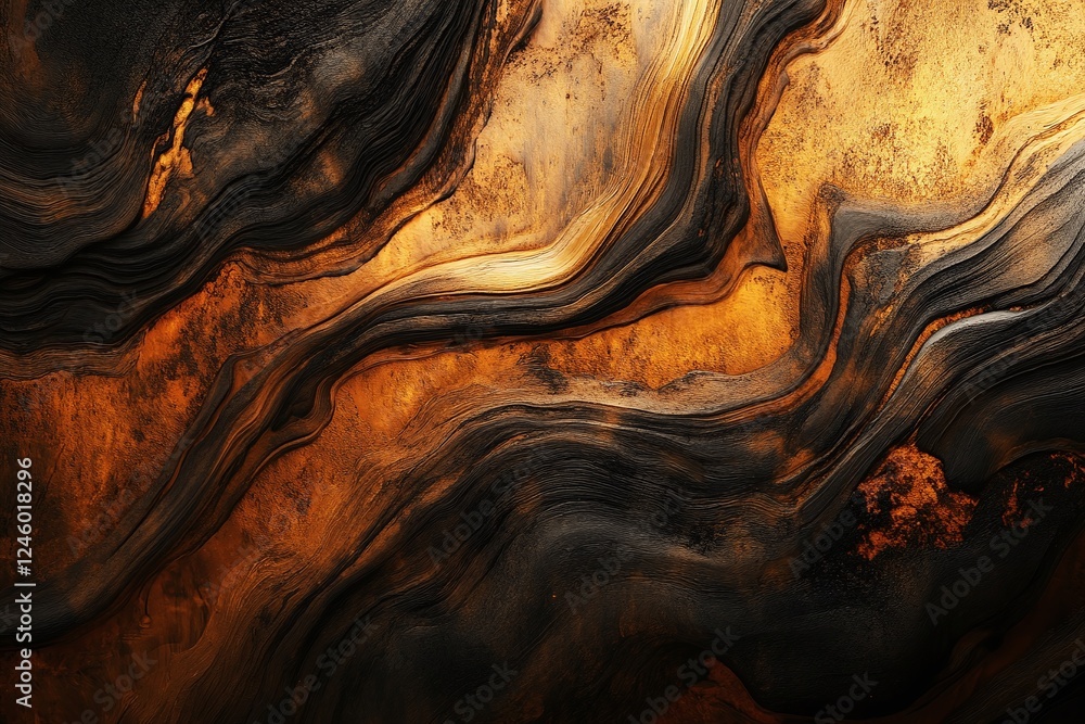 Poster abstract black and gold fluid texture with flowing marble pattern on dark background
