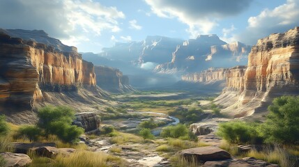 Serene Canyon Landscape With River And Lush Vegetation
