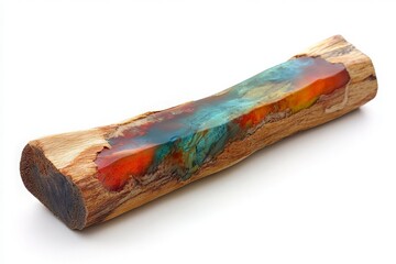 Vibrant Colorful Resin and Natural Wood Art Piece Displayed on a Clean White Background for Artistic Showcase and Handmade Crafts Promotion