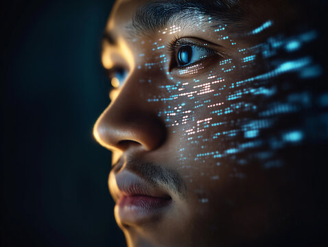 A man&rsquo;s face glows with biometric light as AI scans his emotions in real time. Represents AI&rsquo;s ability to decode human emotions