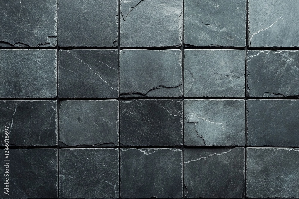Poster dark gray stone tile pattern with cracks and texture in geometric grid layout closeup