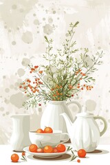 A serene still life featuring a teapot, cups, and a vase of greenery with berries on a textured background