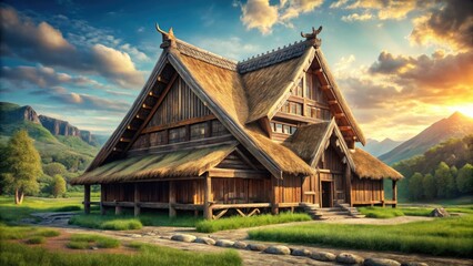 Obraz premium Photorealistic render of a majestic Viking longhouse; detailed exterior, showcasing historical Scandinavian architecture.