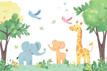 Colorful kids printable background featuring cheerful animals in a whimsical forest setting