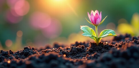 A vibrant pink flower blossom emerges from rich soil, bathed in the warm glow of sunrise, symbolizing growth, resilience, and the promise of a new beginning.