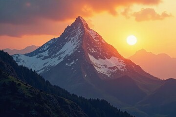 Mountain summit bathed in warm golden light glow, radiant, rays