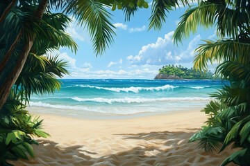 Obraz premium Tropical Beach with Palm Trees Sandy Shore and Blue Ocean Waves Under a Sunny Sky with Island View