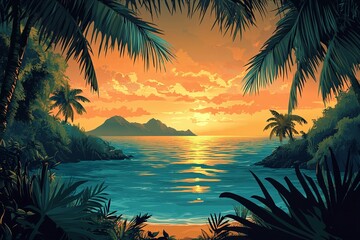 Tropical Beach Sunset With Lush Green Palm Trees Vibrant Orange Sky Calm Ocean Islands In Distance