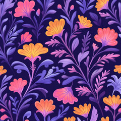 Colorful floral pattern with vibrant flowers on dark background