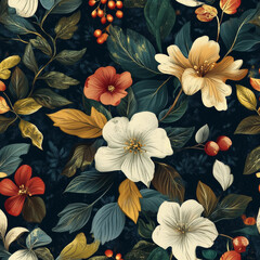 Floral pattern with vibrant flowers and leaves on dark background