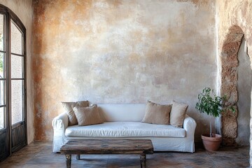 Cozy White Sofa with Neutral Pillows in Rustic Living Room with Textured Walls and Natural Light