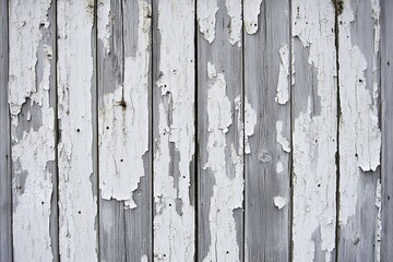 Fototapeta premium Weathered White Paint Peeling On Old Wooden Plank Surface Representing Vintage Rustic Decay