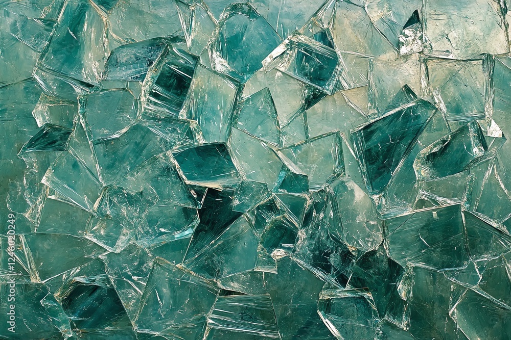 Poster closeup broken glass shards texture with teal and transparent colors in abstract background design