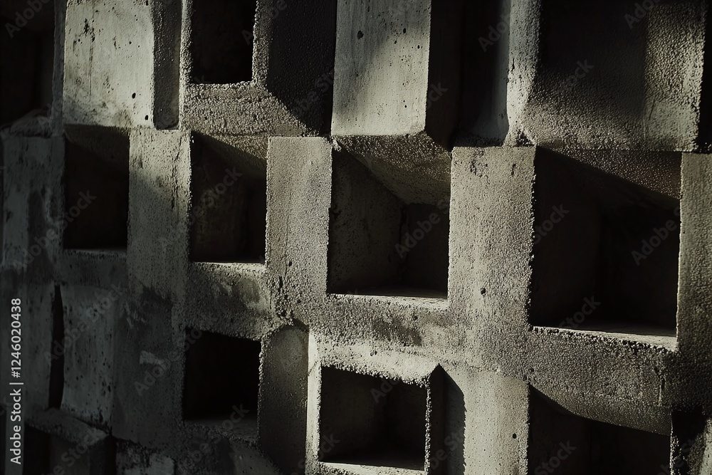 Poster closeup of concrete geometric wall structure with square hollows and harsh shadow patterns