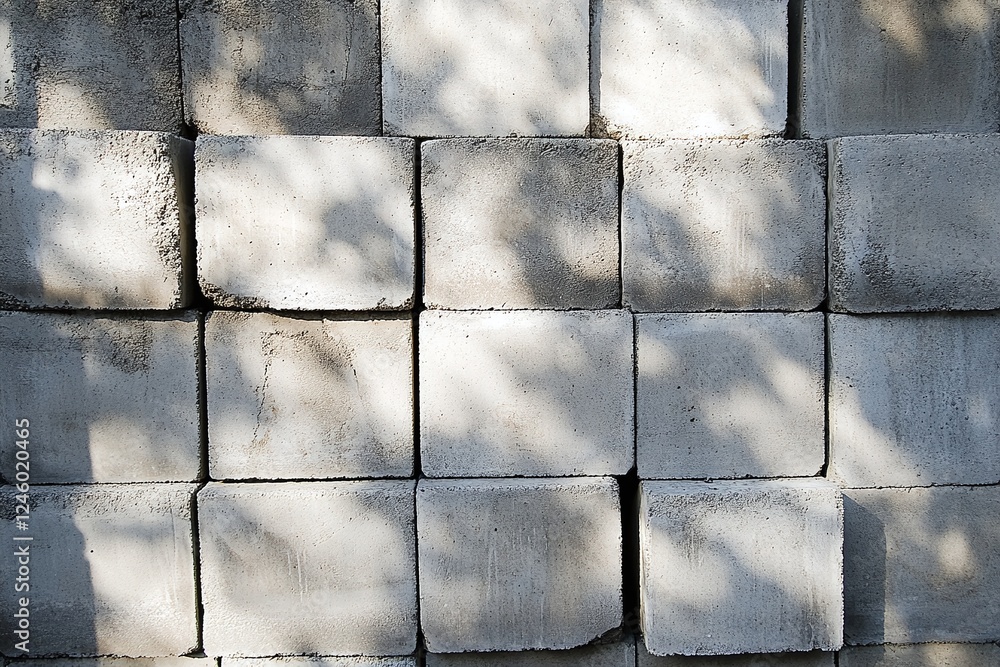 Poster stacked concrete blocks with sunlight shadows creating abstract textured wall pattern outdoors