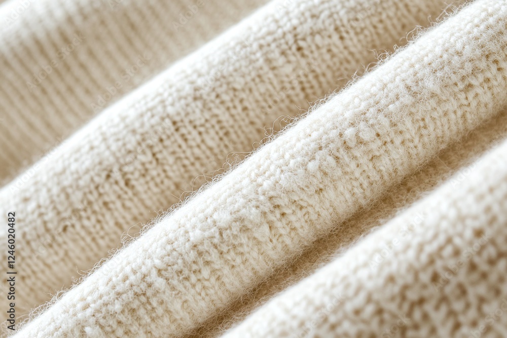 Poster Close Up of Beige Knitted Fabric Texture with Soft Woolen Fibers in Folded Layers for Design Concepts