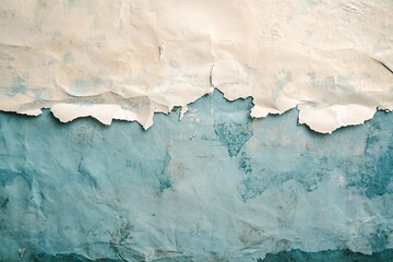 Obraz premium Peeling Aged White Paper Over Worn Textured Blue Wall Creating Abstract Background